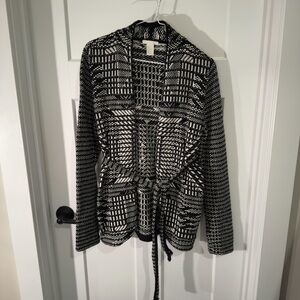 H&M Black and White Geometric Woven Blazer with Belt Tie